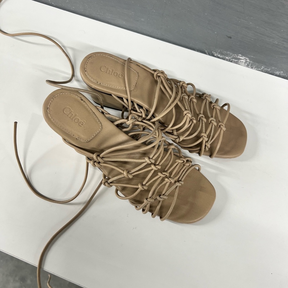 Chloé Beige Strappy Ankle Wrap Sandals